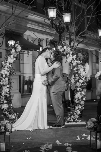 A black and white photo of Alexis and Christian
